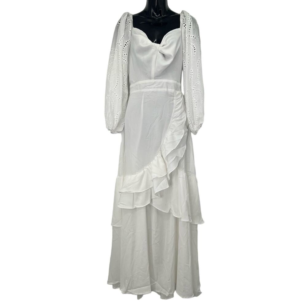 Chicways White Eyelet Maxi Dress Front Diagonal Ruffle Size Medium